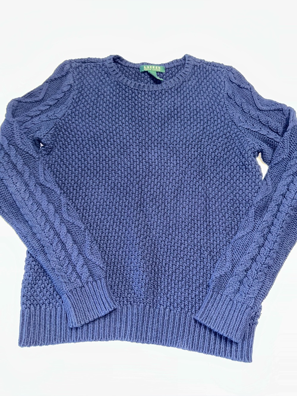 Lauren Ralph Lauren Women’s Large Blue Cotton Cable Knit Crewneck Sweater 0375